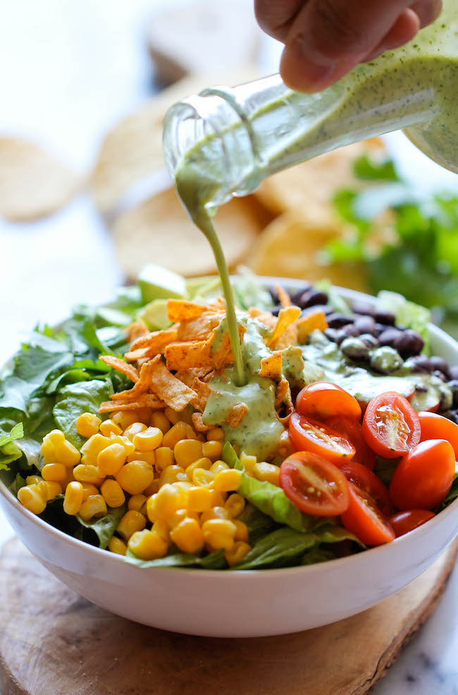 tex mex southwestern salad corn tomatoes cilantro tortilla strips healthy diet greek yogurt