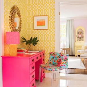beautiful colorful yellow wallpaper pink decorating hallway office design ideas
