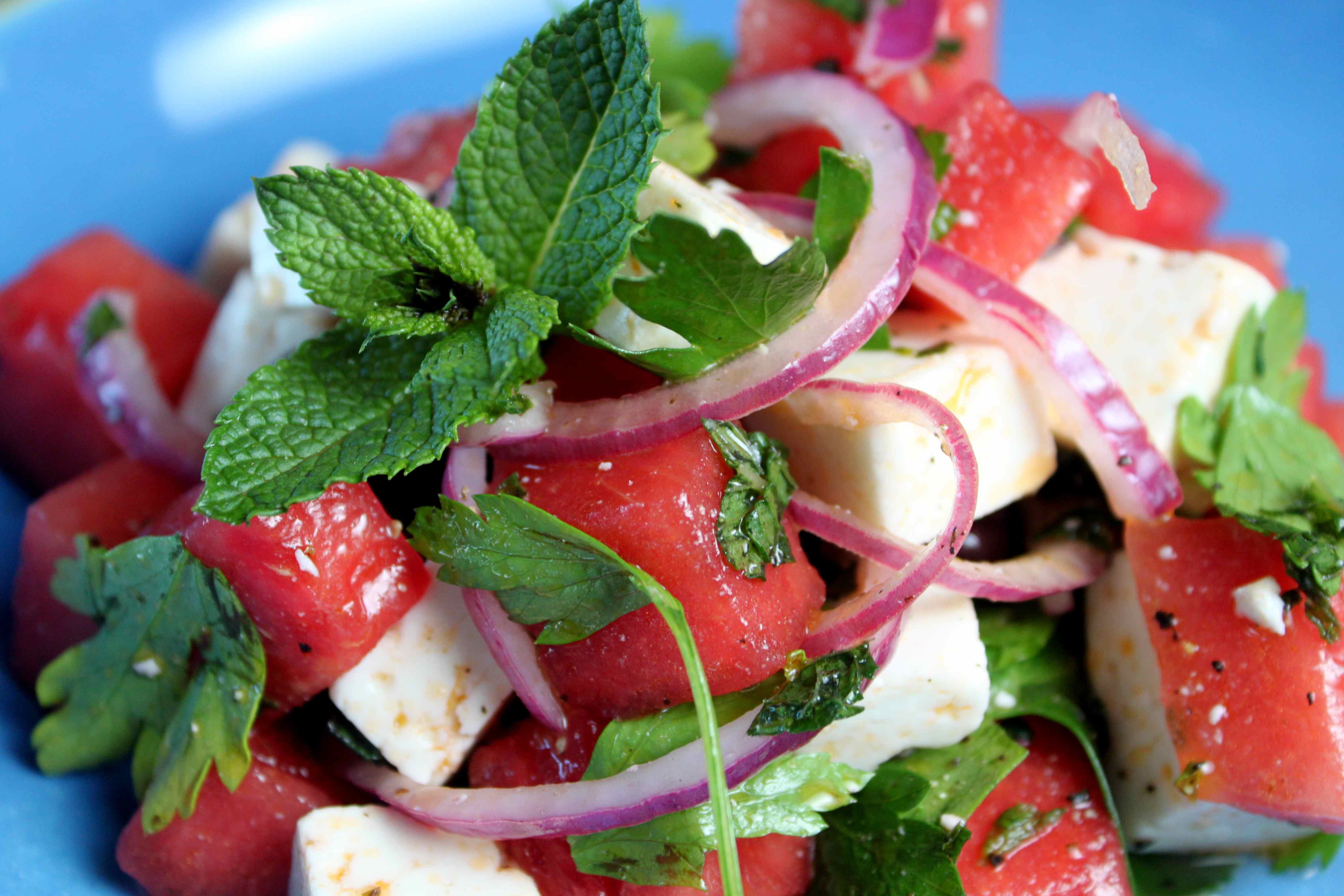 refreshing watermelon summer salad feta cheese mint leaves watermelons summer ice cold organic healthy onions