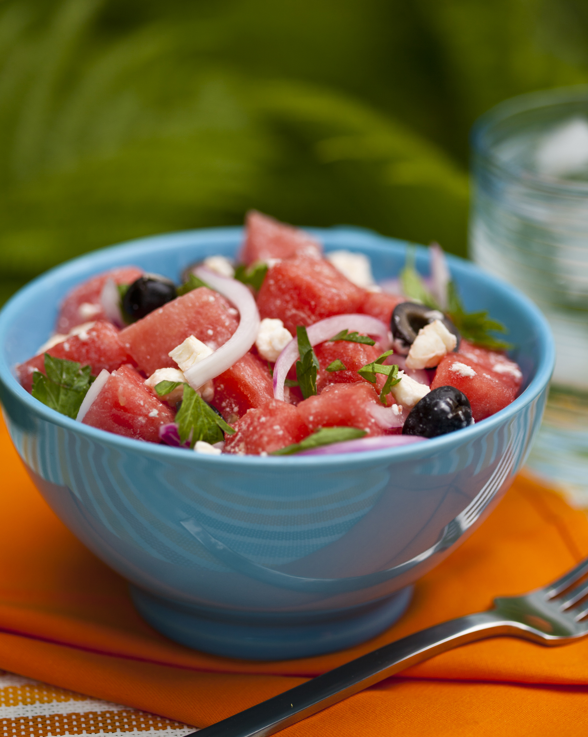 refreshing watermelon summer salad olives feta cheese onions mint leaves summer bbq snack healthy organic