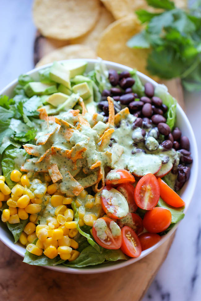 tex mex southwestern salad cilantro lime dressing healthy vitamins diet olive oil greek yogurt corn tomatoes romaine lettuce black beans