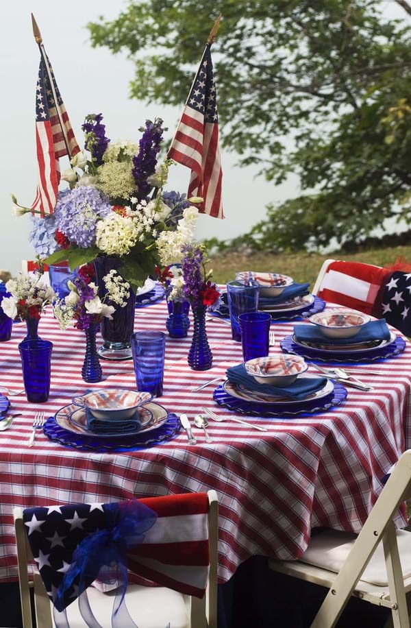 Get Inspired- Take a Look at These 10 Patriotic Outdoor Tables lantered checkered plaid navy napkins rustic diy easy budget8