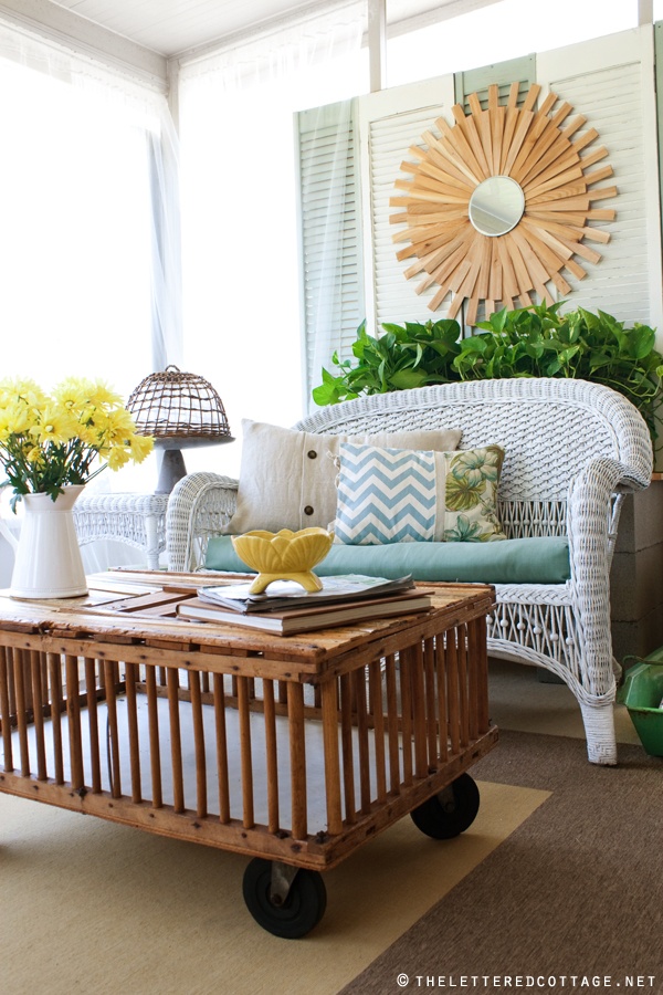 Porch Season - 7 Ideas to Spruce up Your Porch this Summer shabby chic diy reuse thrift store paint easy budget coffee table pillows cushions2