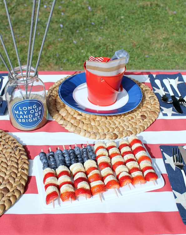 So Easy! Make these American Flag Party Fruit Skewers for July 4th party bbq picnic strawberries bananas blueberries snack healthy diet dessert easy2