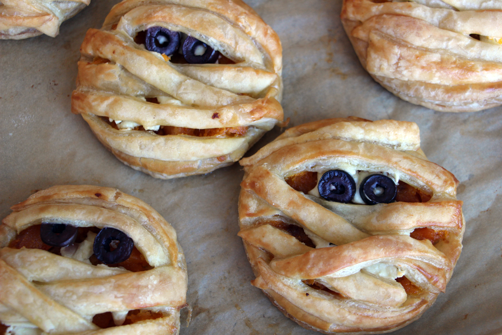 Halloween Recipe- Puff Pastry Butternut Squash and Cheese Tarts! olives goat cheese squash puff pastry1