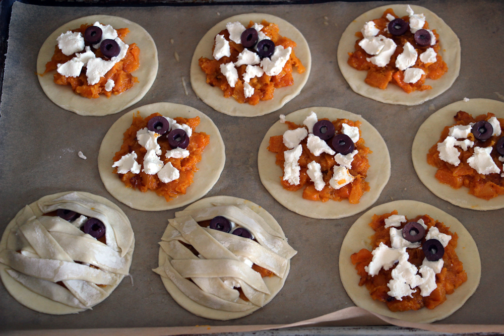 Halloween Recipe- Puff Pastry Butternut Squash and Cheese Tarts! olives goat cheese squash puff pastry10