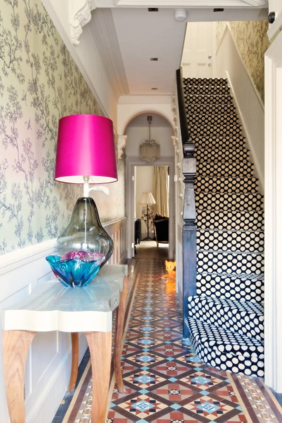carpet-on-stairs-black-and-white-bohemian-decorating-ideas-pink-lamp