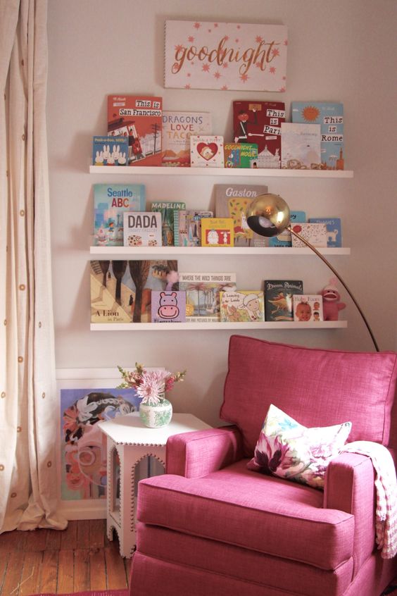 cute pink corner reading nook