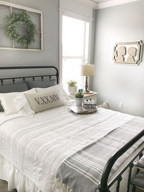 guest bedroom decorating ideas grey white color palette