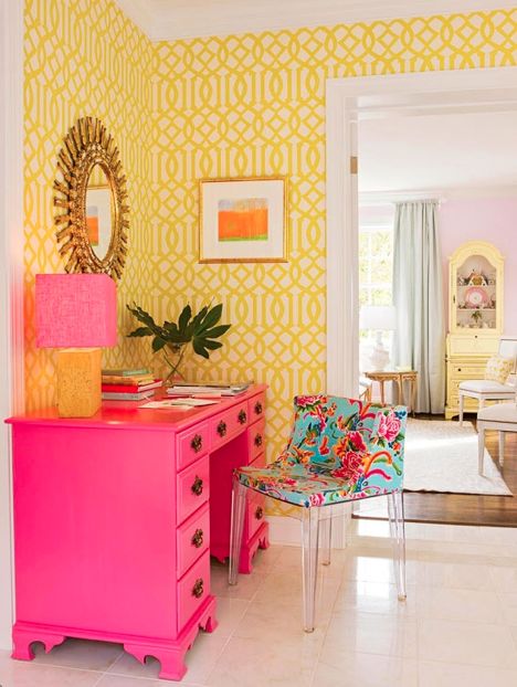 beautiful colorful yellow wallpaper pink decorating hallway office design ideas