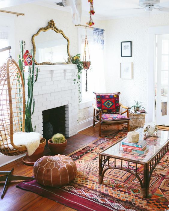 bohemian living room leather poof