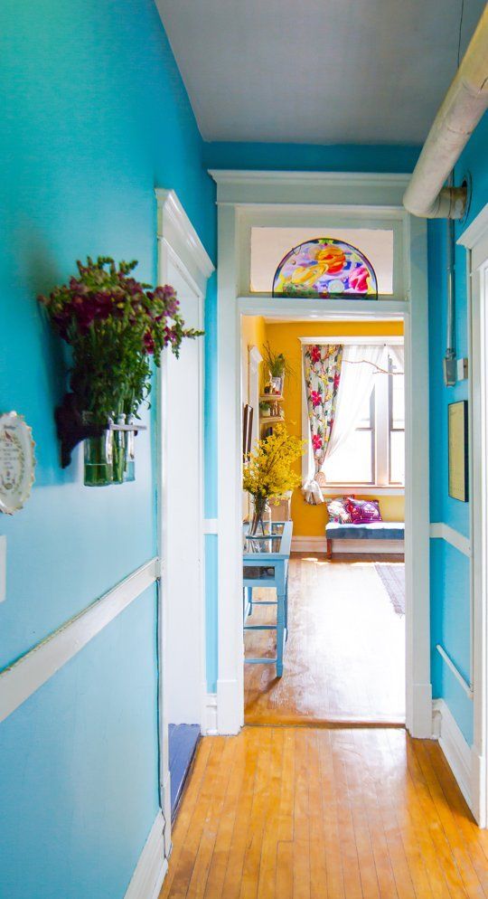 beautiful blue painted hallway colorful decor