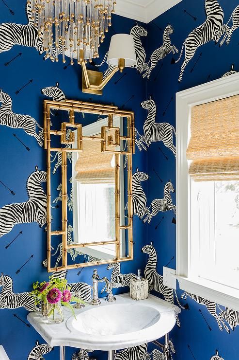 pretty-zebra-wallpaper-bathroom-gold-bamboo-mirror-ideas