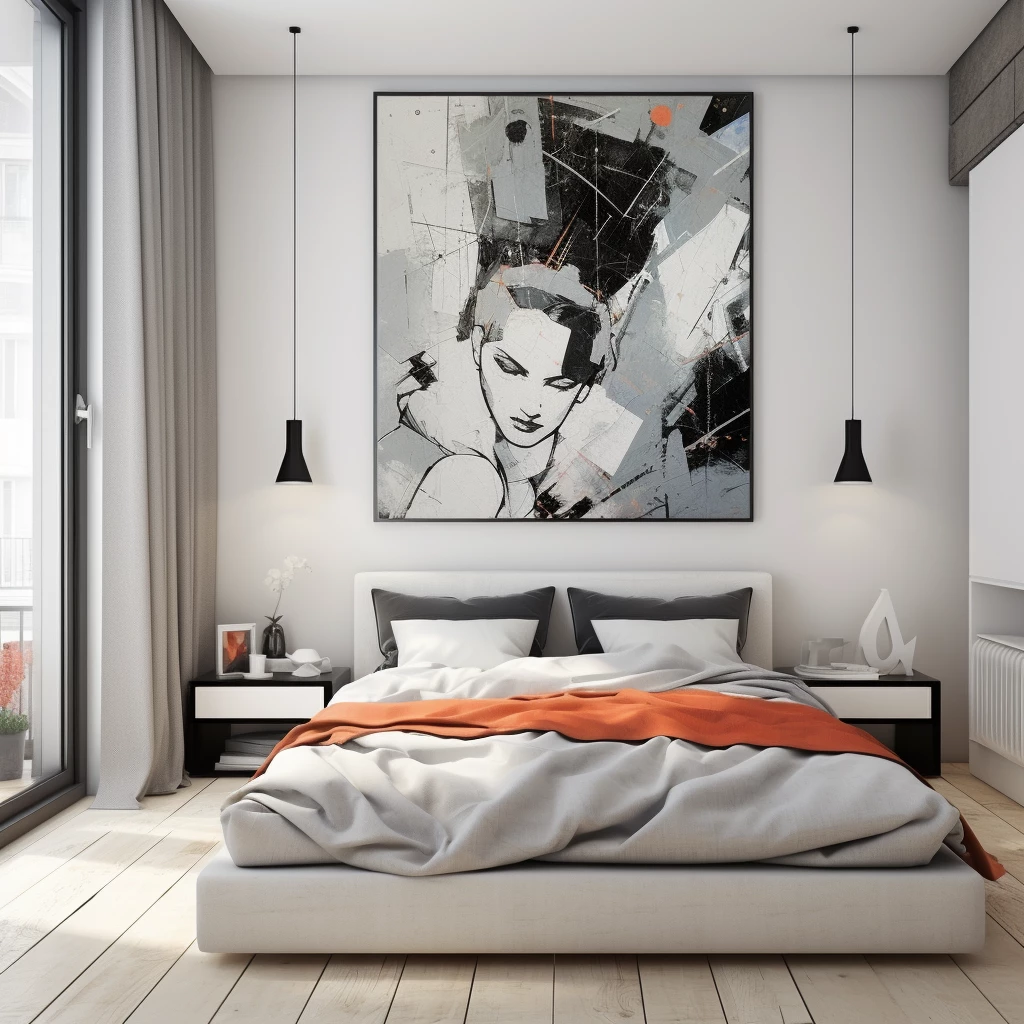 Picture with black and white colors and bright spot in the interior of the bedroom