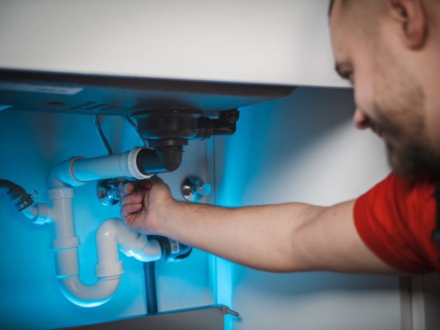 Plumber fixing pipes in bathroom.